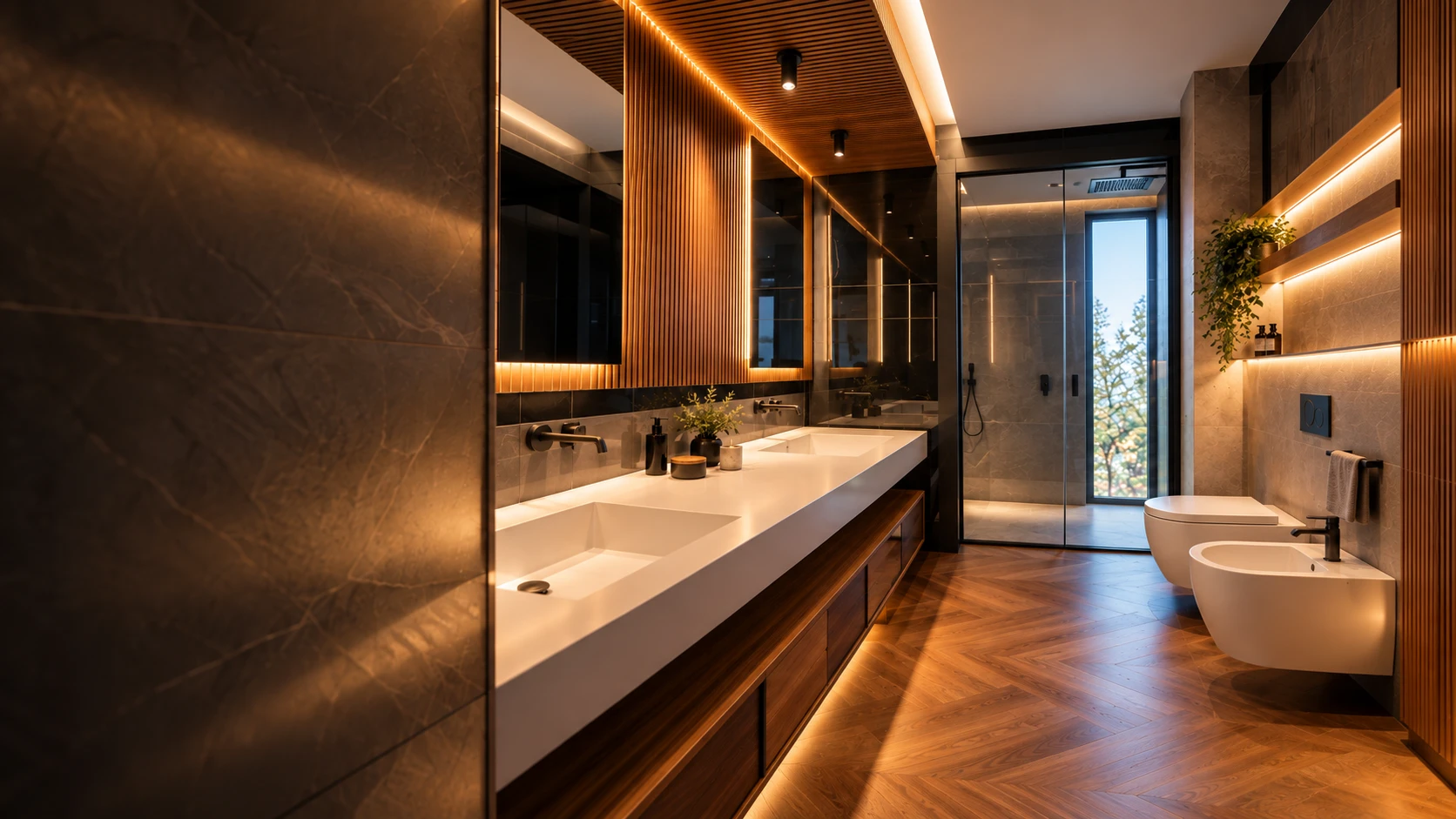Bagno su misura con doghe in legno, doppio lavabo e luci LED