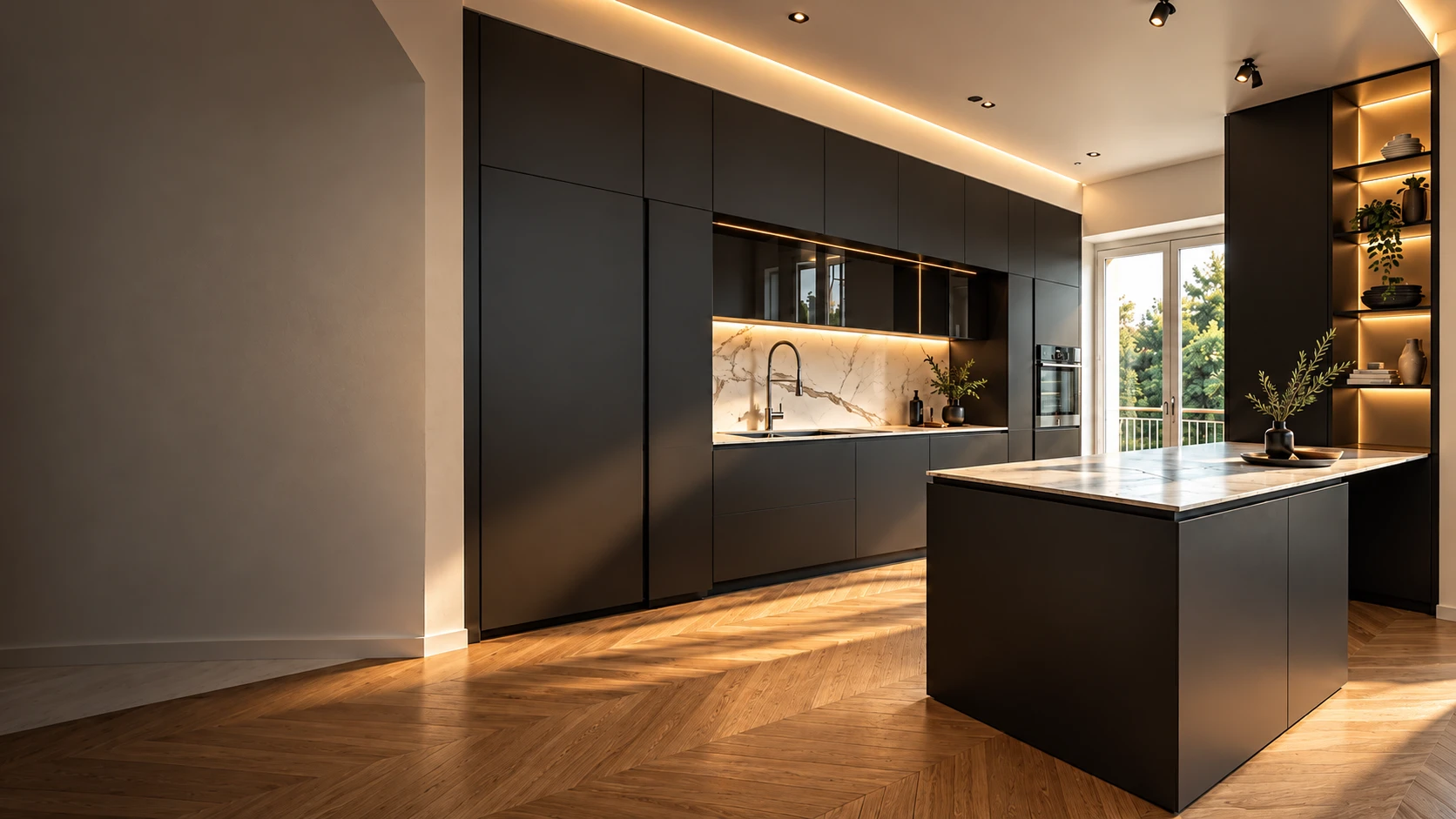 Cucina su misura nera con isola, top in marmo e luci LED