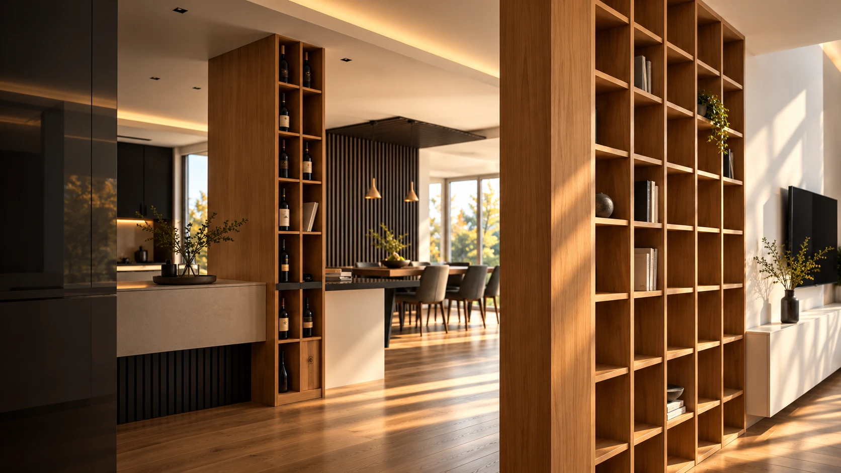 Libreria divisoria in rovere con cantinetta per vini nel living