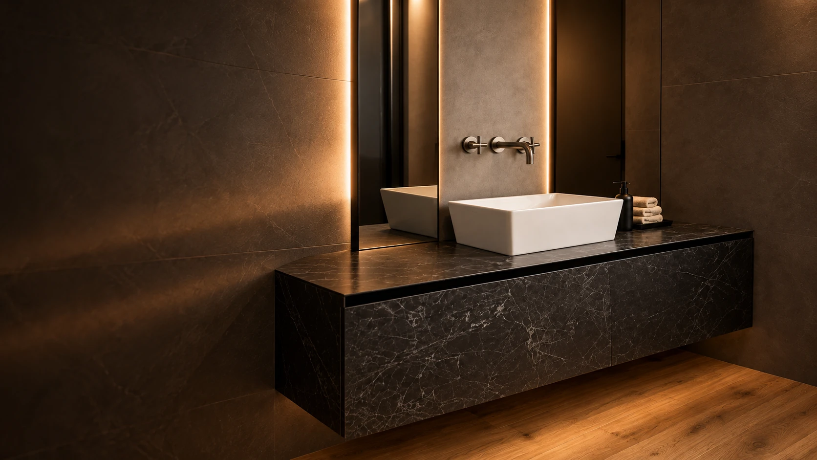Mobile bagno sospeso effetto marmo nero con specchio retroilluminato