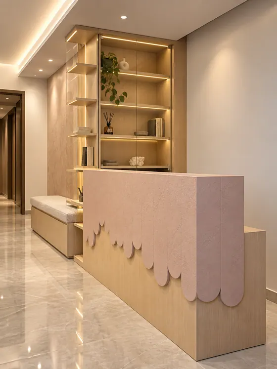 Bancone reception su misura con libreria