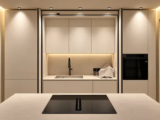 Cucina su misura con isola e colonne, vista frontale