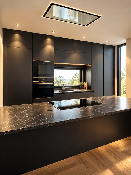 Cucina su misura con isola, vista dal soggiorno