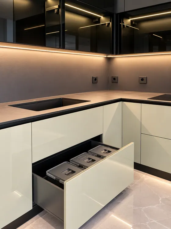 Cassetto cucina aperto con divisori interni