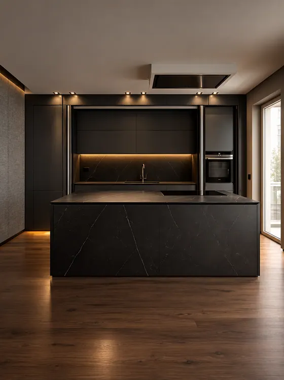Cucina su misura con isola e tavolo, vista d'insieme
