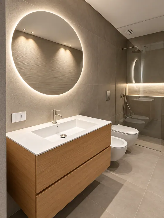 Mobile bagno su misura con specchio tondo retroilluminato