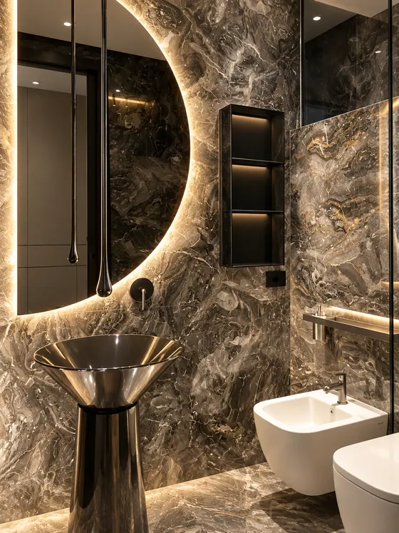 Mobile bagno su misura dai toni scuri, vista d'insieme