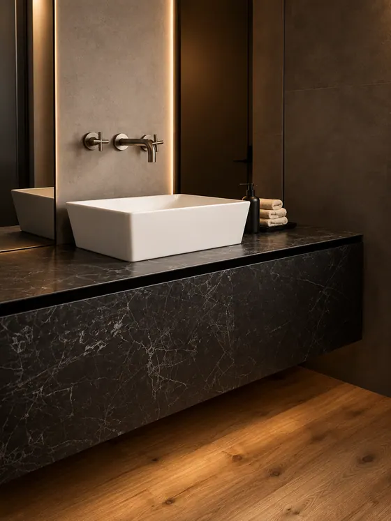 Mobile bagno sospeso dai toni scuri