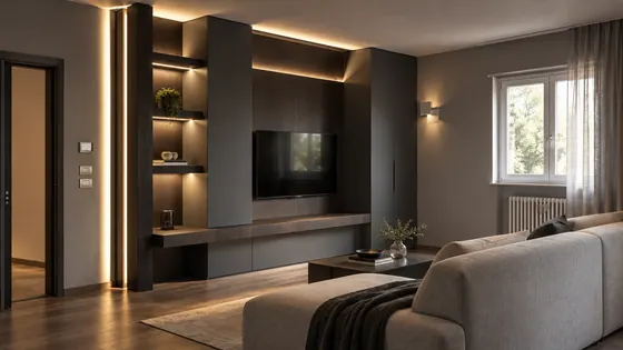 Soggiorno su misura con parete TV e nicchie illuminate
