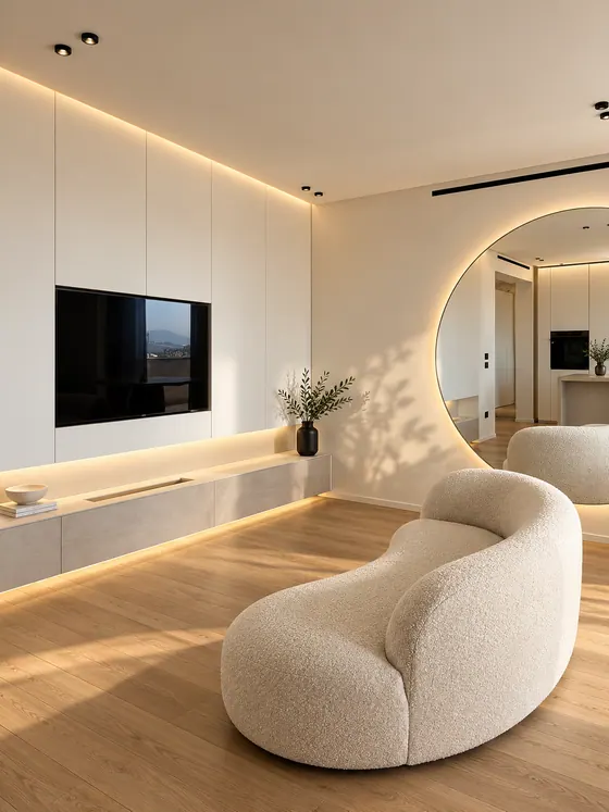 Parete TV su misura con mobile sospeso illuminato